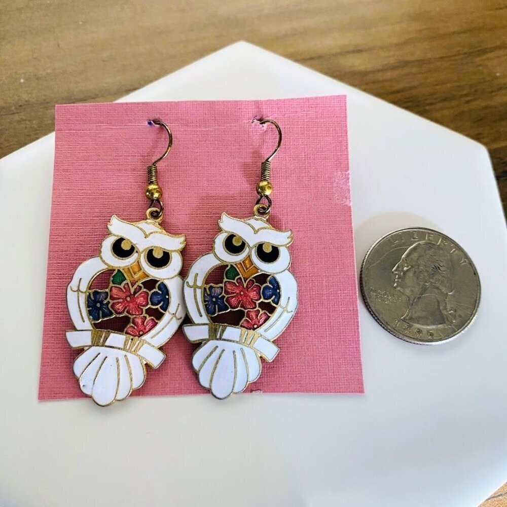 Vintage Stefano Cloisonné Enamel Owl Dangle Earrings Colorful Florals, Gold - Picture 3 of 7